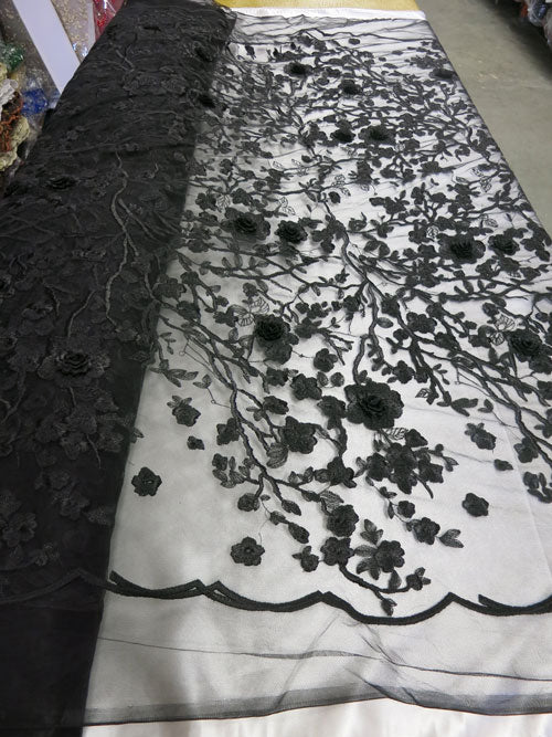 4 Colors, Black Embroidered Lace with 3D Lurex Flowers # SP17-113-D- 2
