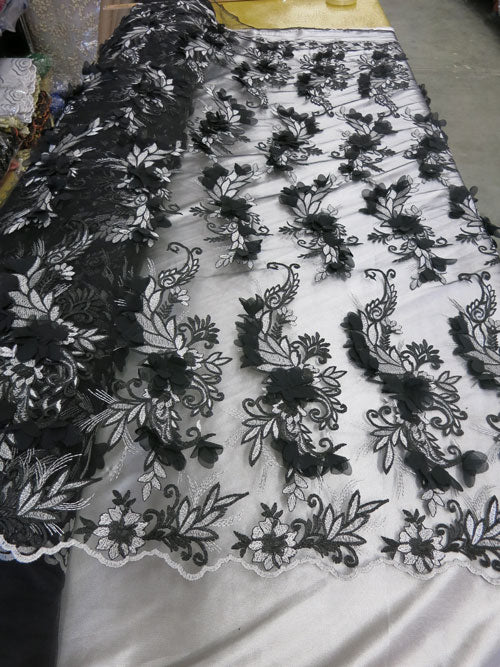 2 Colors, Black/White Embroidered lace with 3D Chiffon Flower SP17-050-D- 1