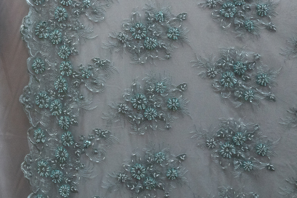 Light blue 3D floral lace fabric - 3D lace & embroidery - lace fabric from